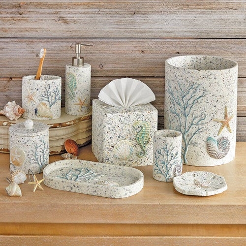 Bathroom Accessory Set Embossed Seahorses Sandy Beige