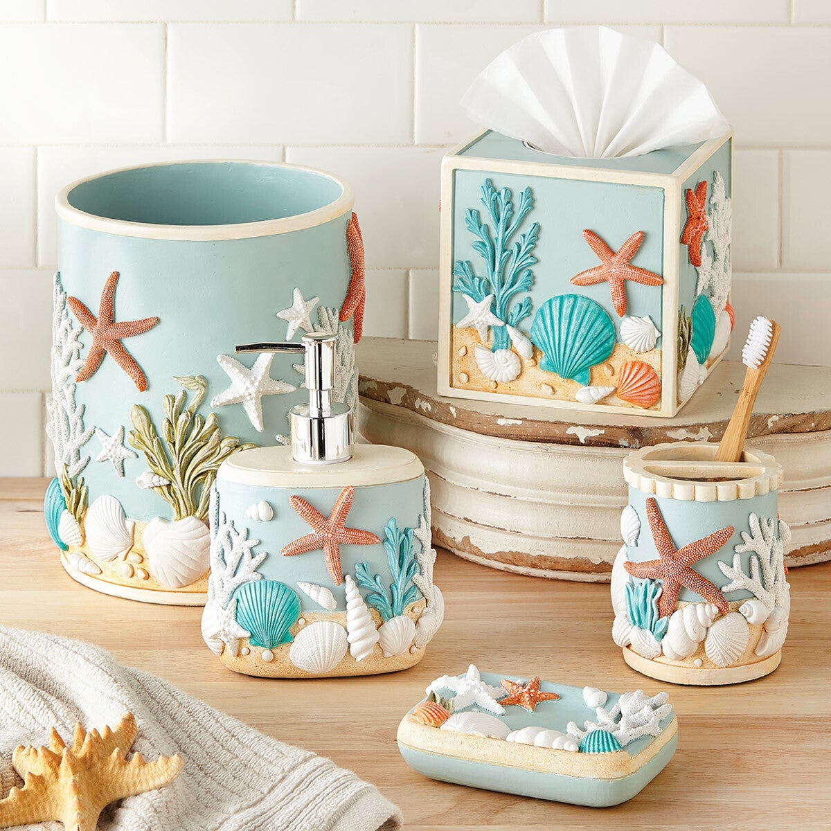Bathroom Accessory Set Relief Textures Aqua Starfish