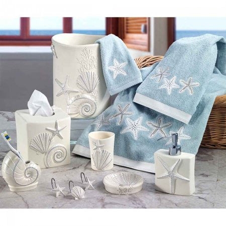 Bathroom Accessory Set Shell Relief Seafoam Towels