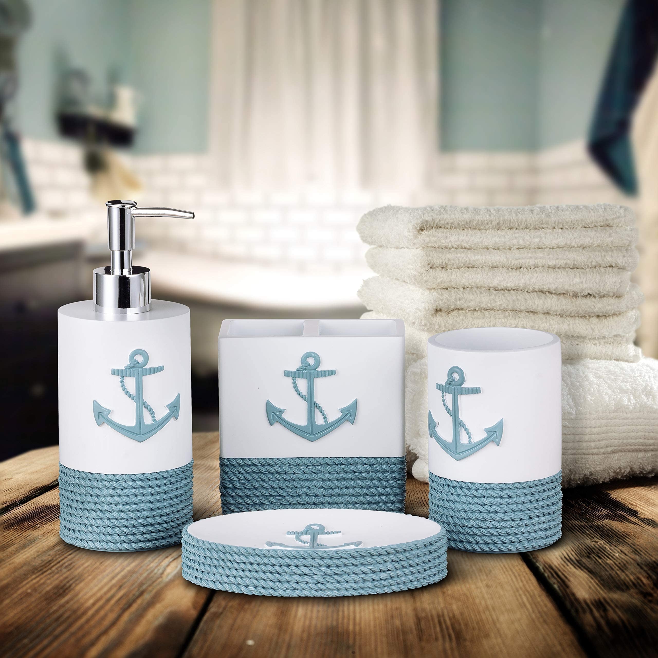 Bathroom Accessory Set Teal White Contrast Anchor