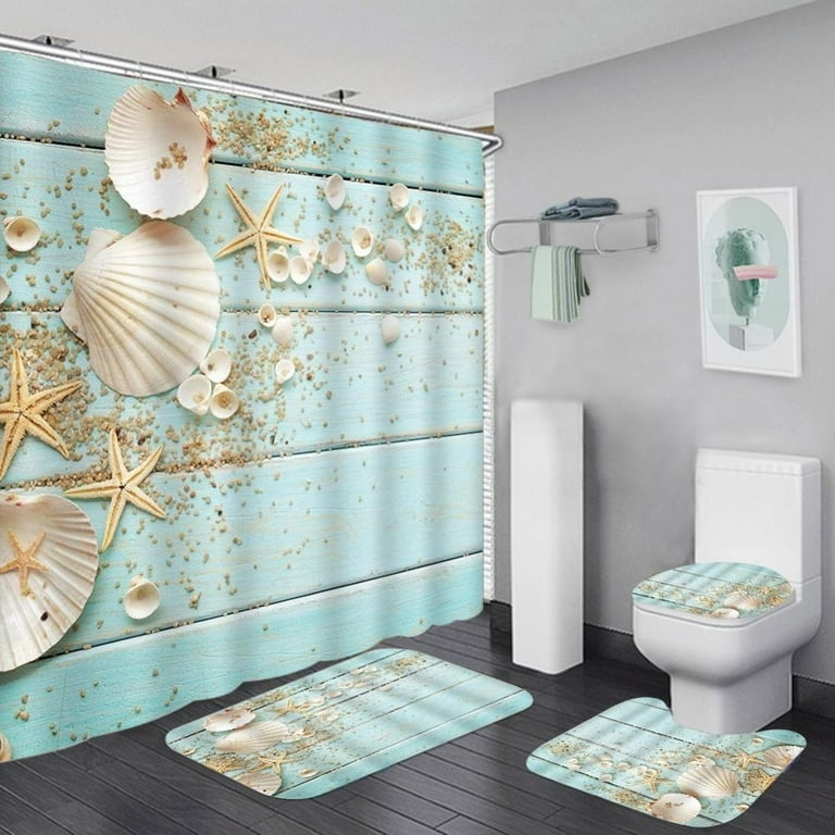 Bathroom Accessory Set Wood Plank Background Ocean