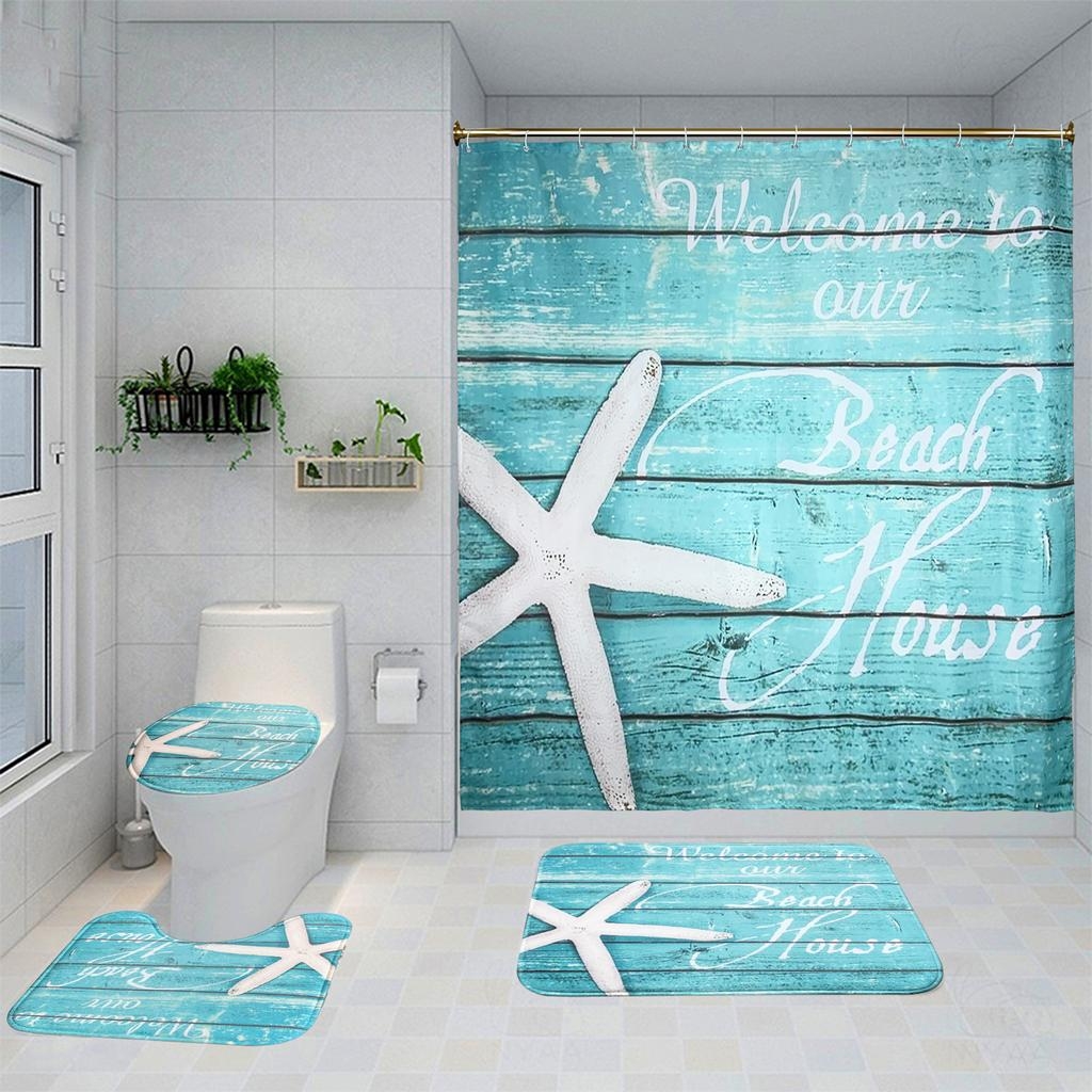 Bathroom Set Turquoise Wood Print Starfish Graphic