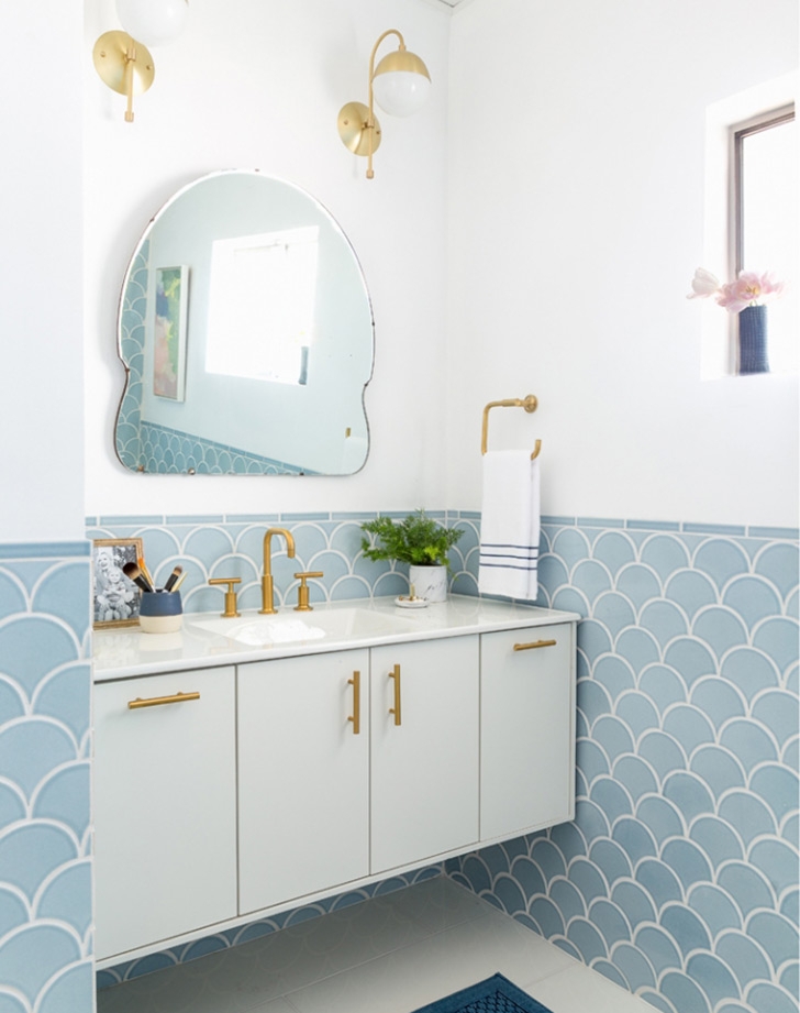 Bathroom Vanity Arched Mirror Blue Mermaid Tile Backsplash