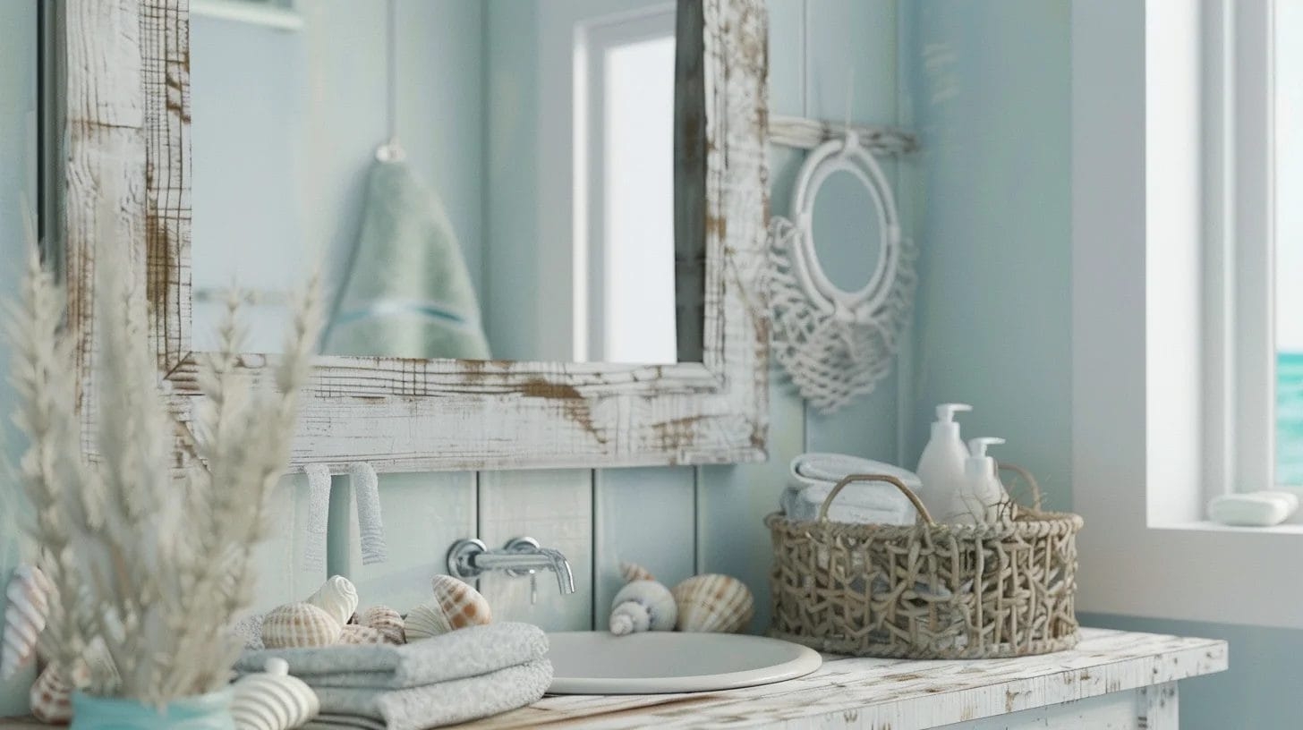 Bathroom Vanity Distressed Mirror Frame Aqua Walls