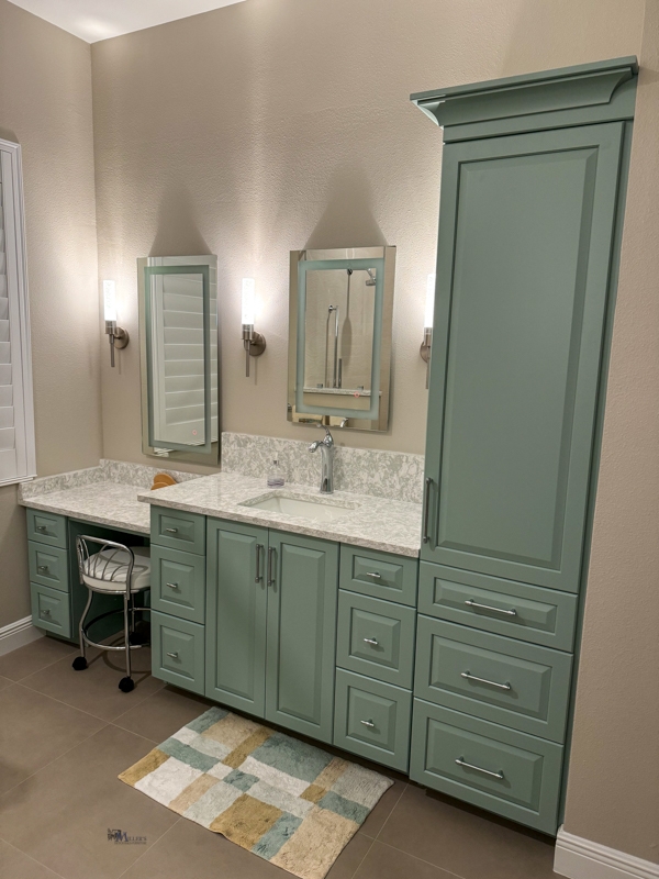 Bathroom Vanity featuring Tall Linen Tower in Sage Green