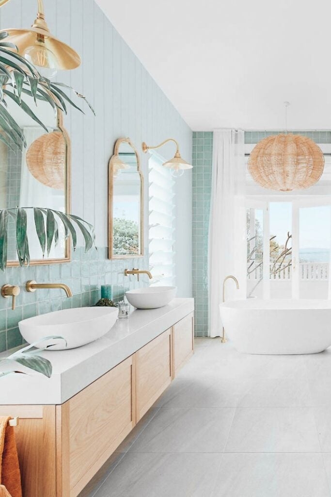 Bathroom Vanity for Master Bath with Aqua Square Tiles