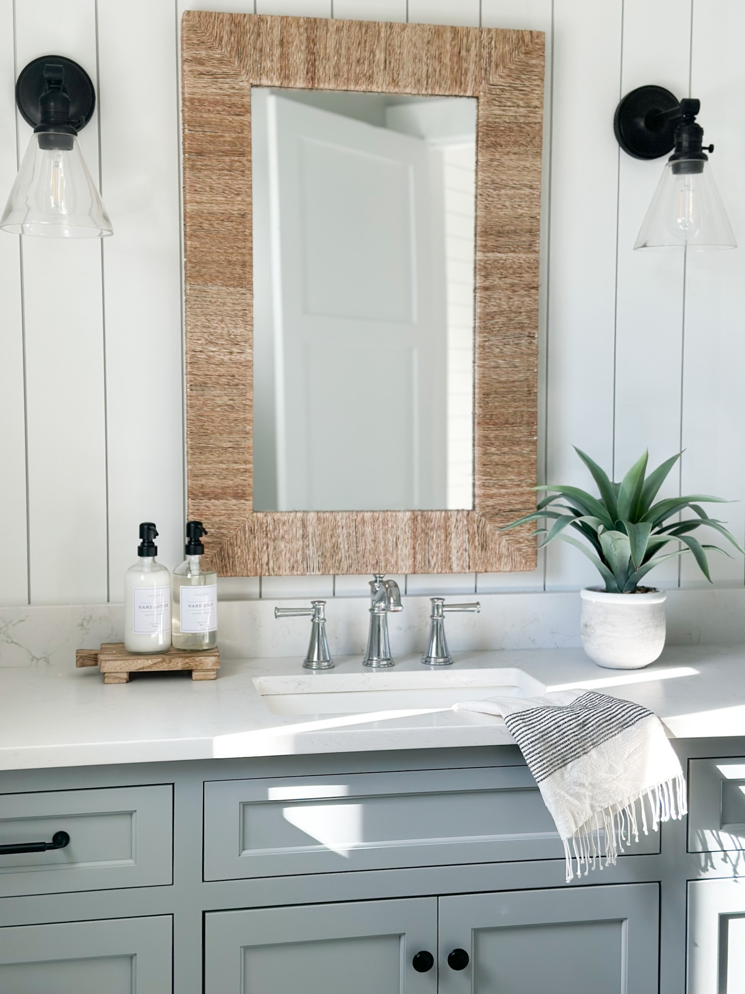 Bathroom Vanity in Blue with Vertical Shiplap Walls