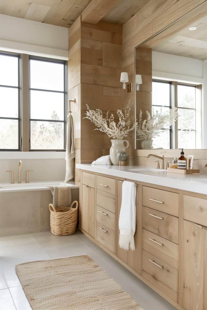 Bathroom Vanity in Light Oak with Wood Accent Wall