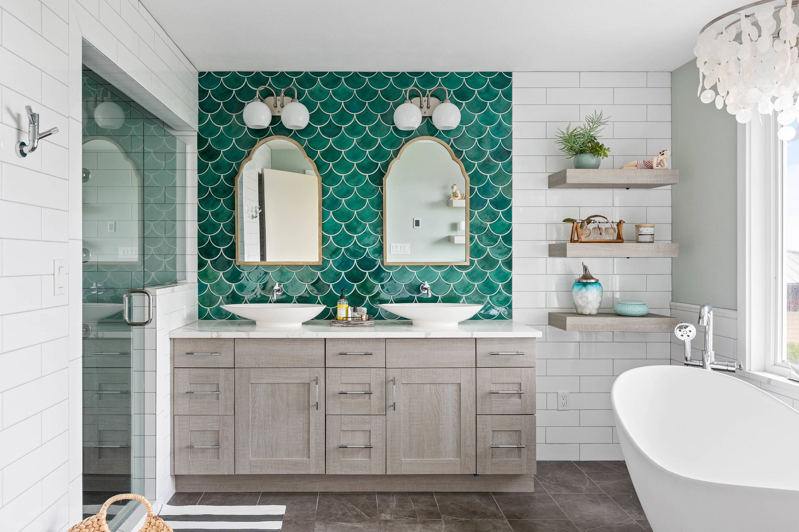 Bathroom Vanity Vessel Sinks Green Mermaid Tile Backsplash