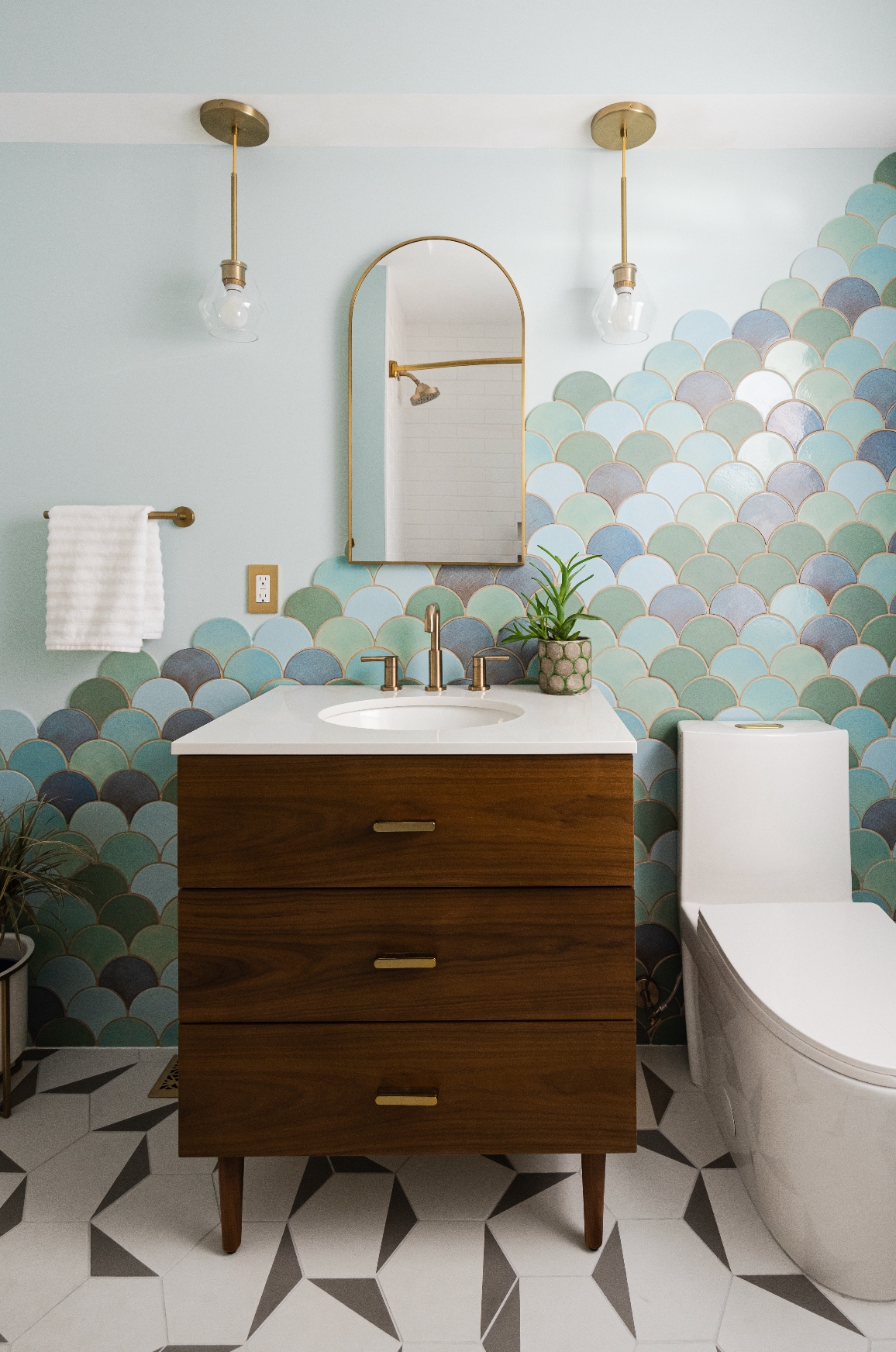 Bathroom Vanity Walnut Wood Fish Scale Tile Bathroom