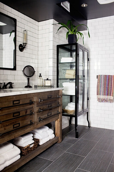 Bathroom Vanity with Apothecary Hardware and Glass