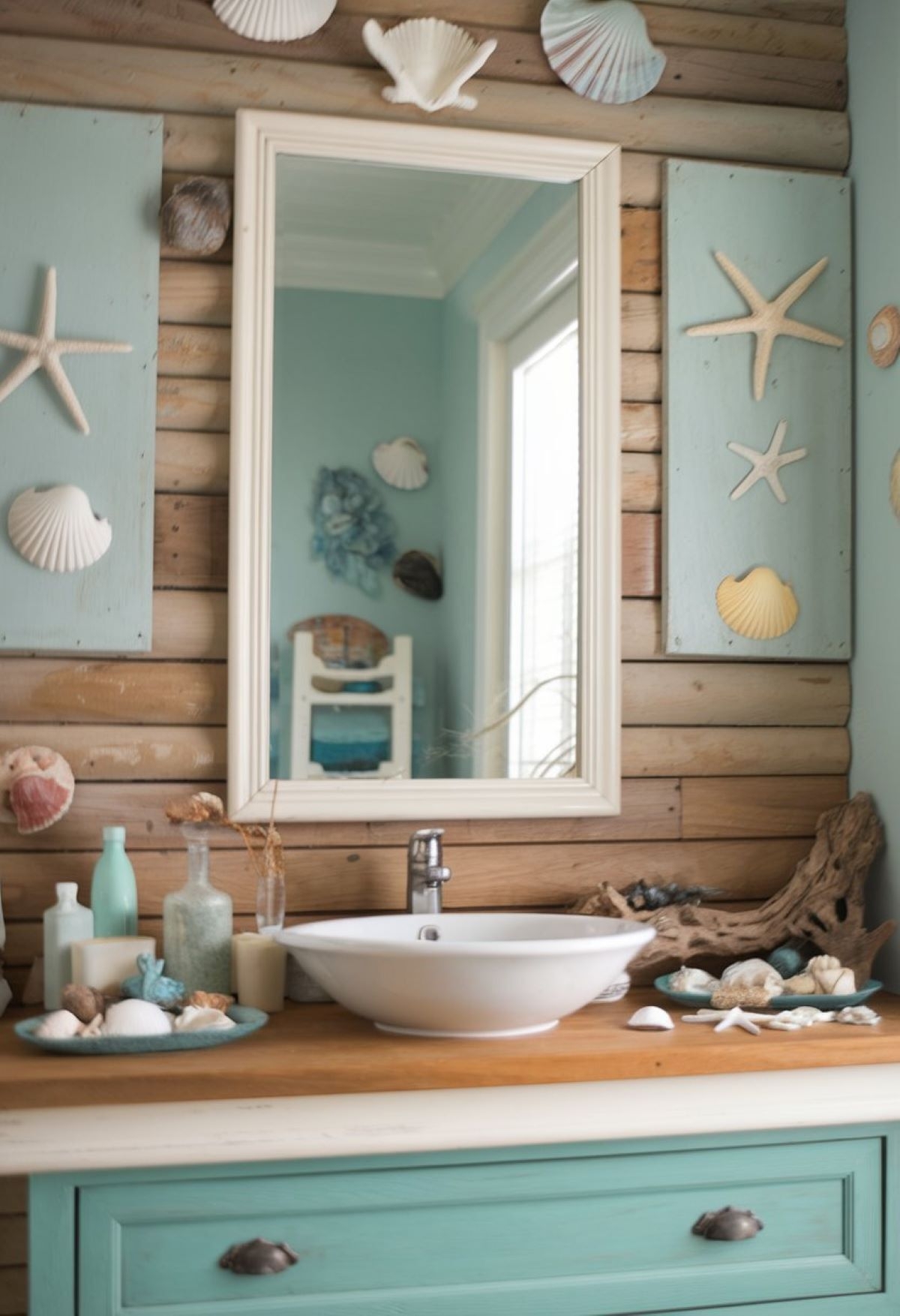 Bathroom Vanity with Aqua Cabinetry and Log Wall Design