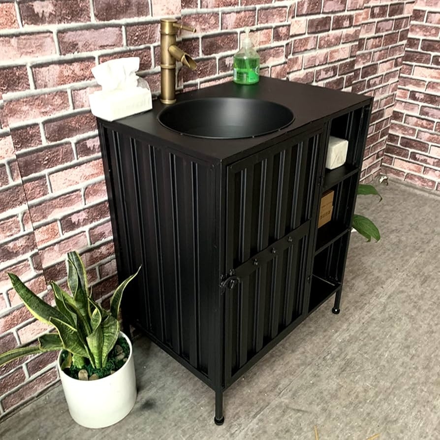 Bathroom Vanity with Corrugated Panels and Iron Art