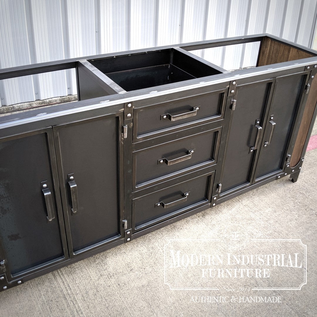Bathroom Vanity with Exposed Rivets and Matte Metal
