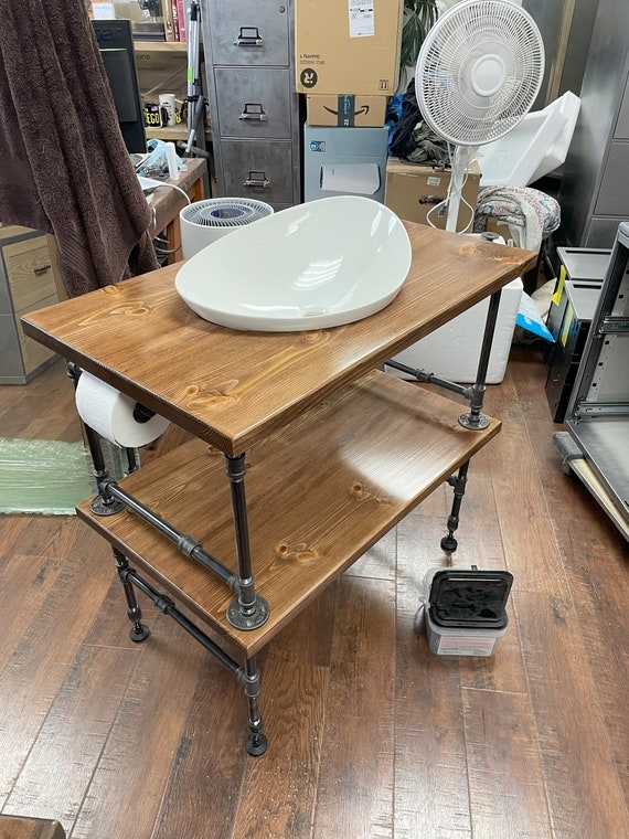 Bathroom Vanity with Glossy Wood and Pipe Frame