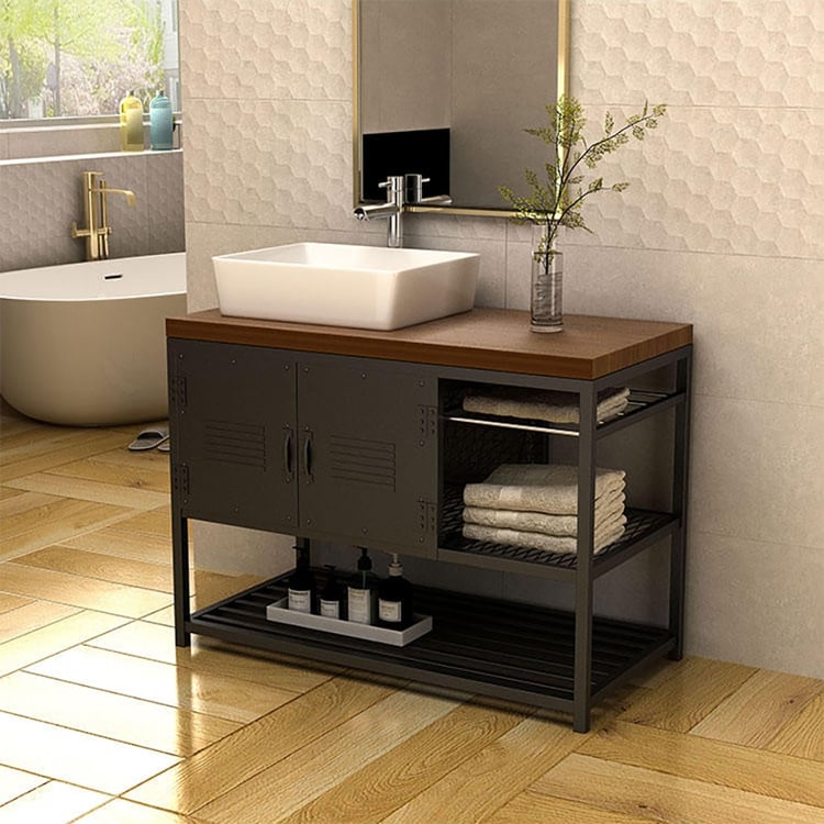 Bathroom Vanity with Open Wire Shelving and Vents
