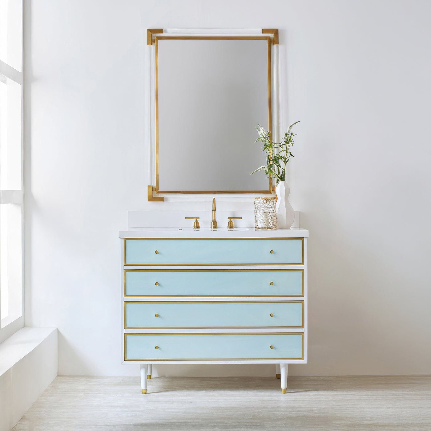 Bathroom Vanity with Seaglass Panels and Elegant Gold Trim