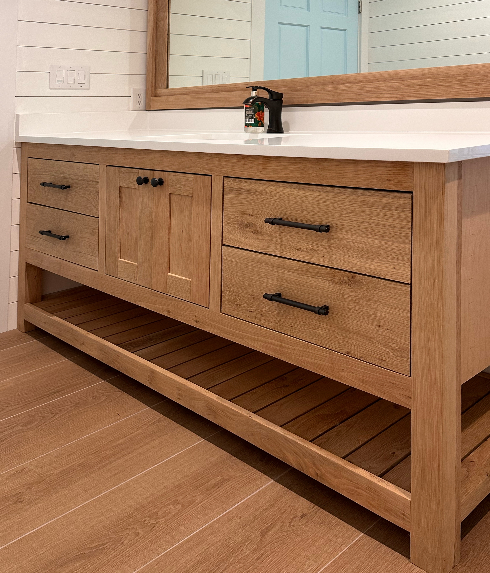Bathroom Vanity with Slatted Bottom Shelf in French Oak