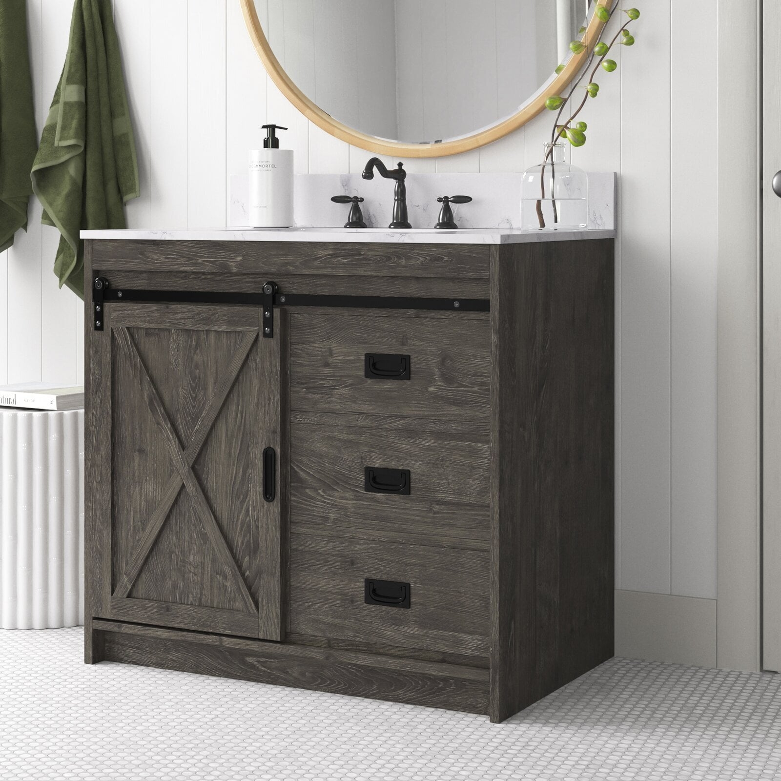 Bathroom Vanity with Sliding Barn Door and Charcoal Finish