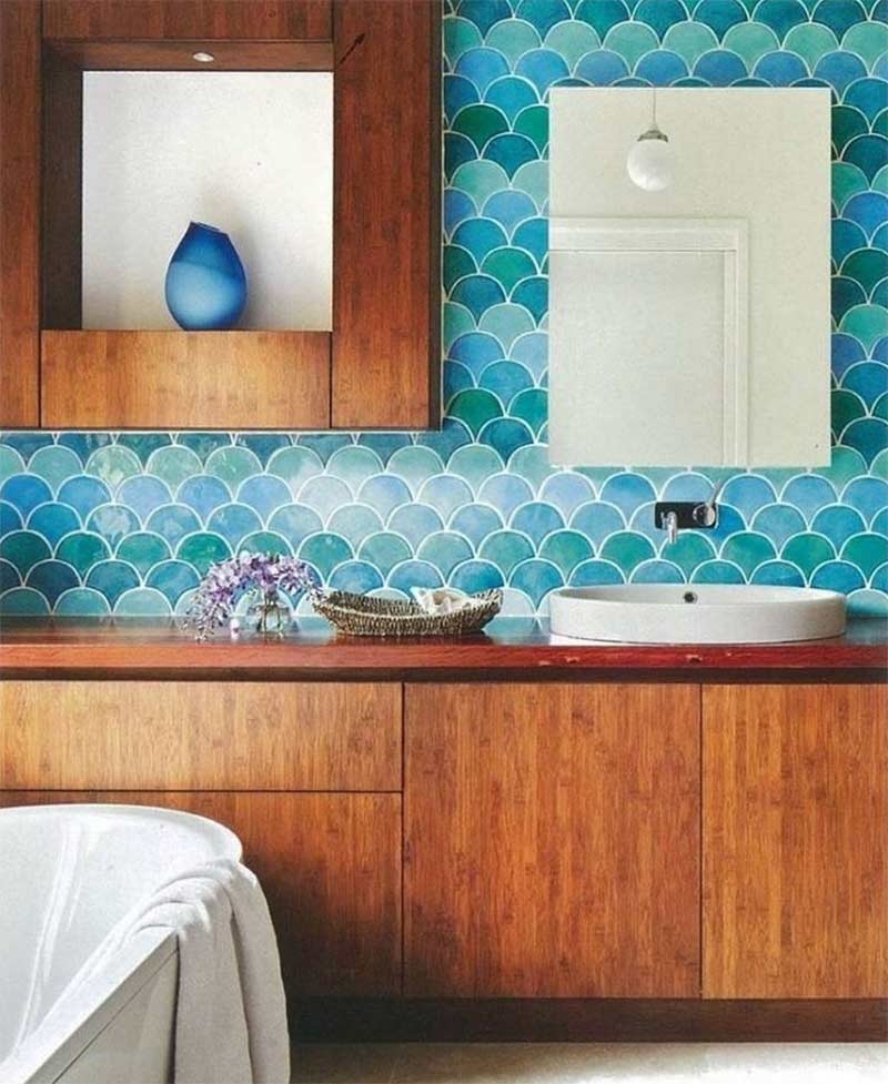 Bathroom Vanity Wood Grain Teal Fish Scale Backsplash