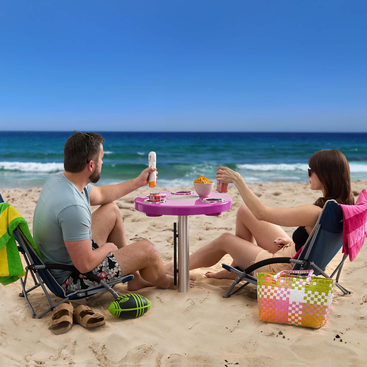 Beach Table in Magenta Pink with Integrated Cup Holders Pink Beach Table