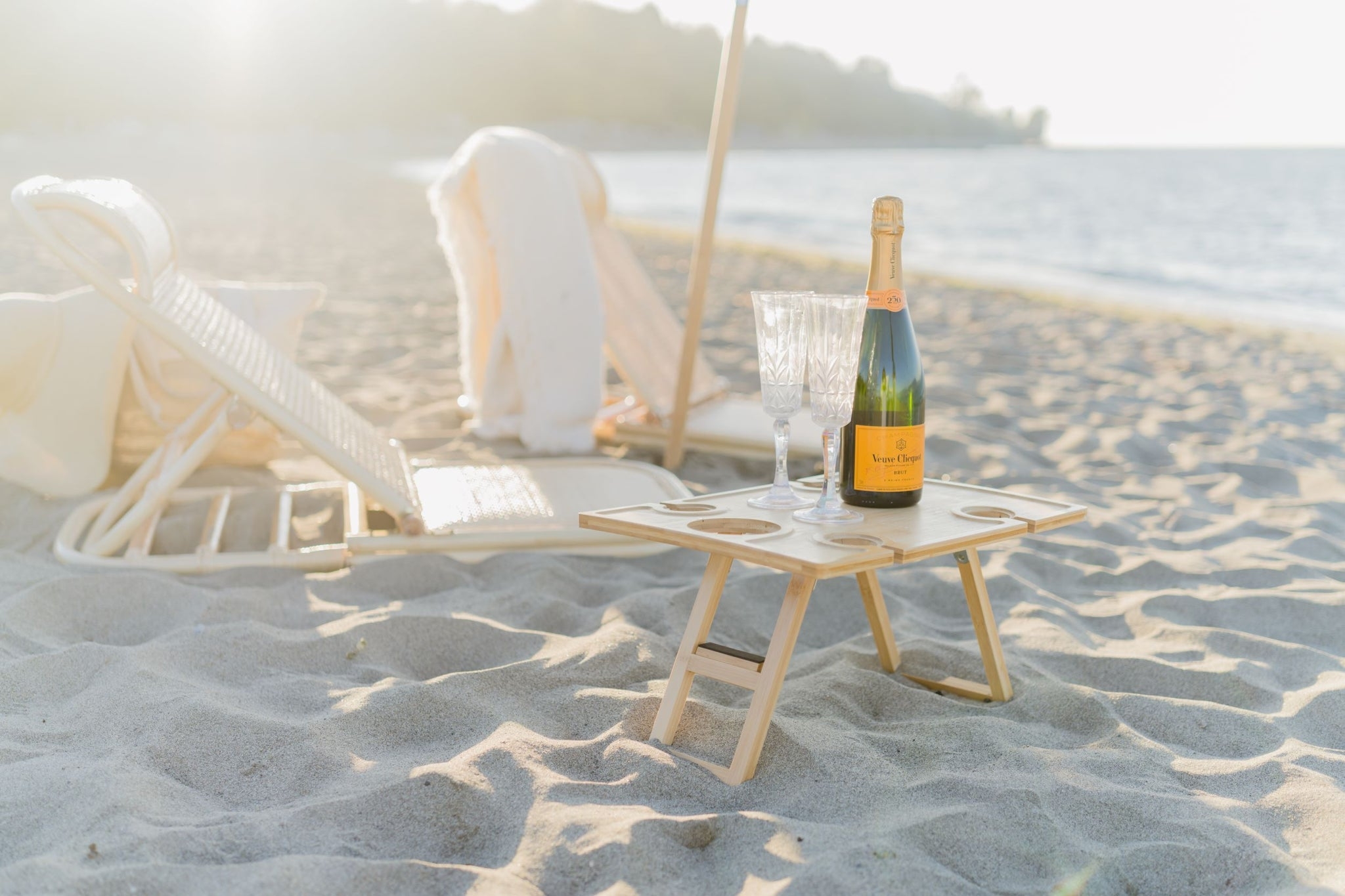 Beach Table with Wine Glass Cutouts and Wine Glass Picnic Holder
