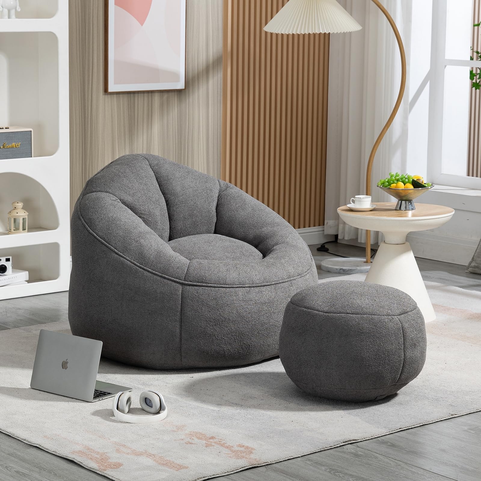 Bean Bag Chair Charcoal Textured Fabric Matching Ottoman Seat