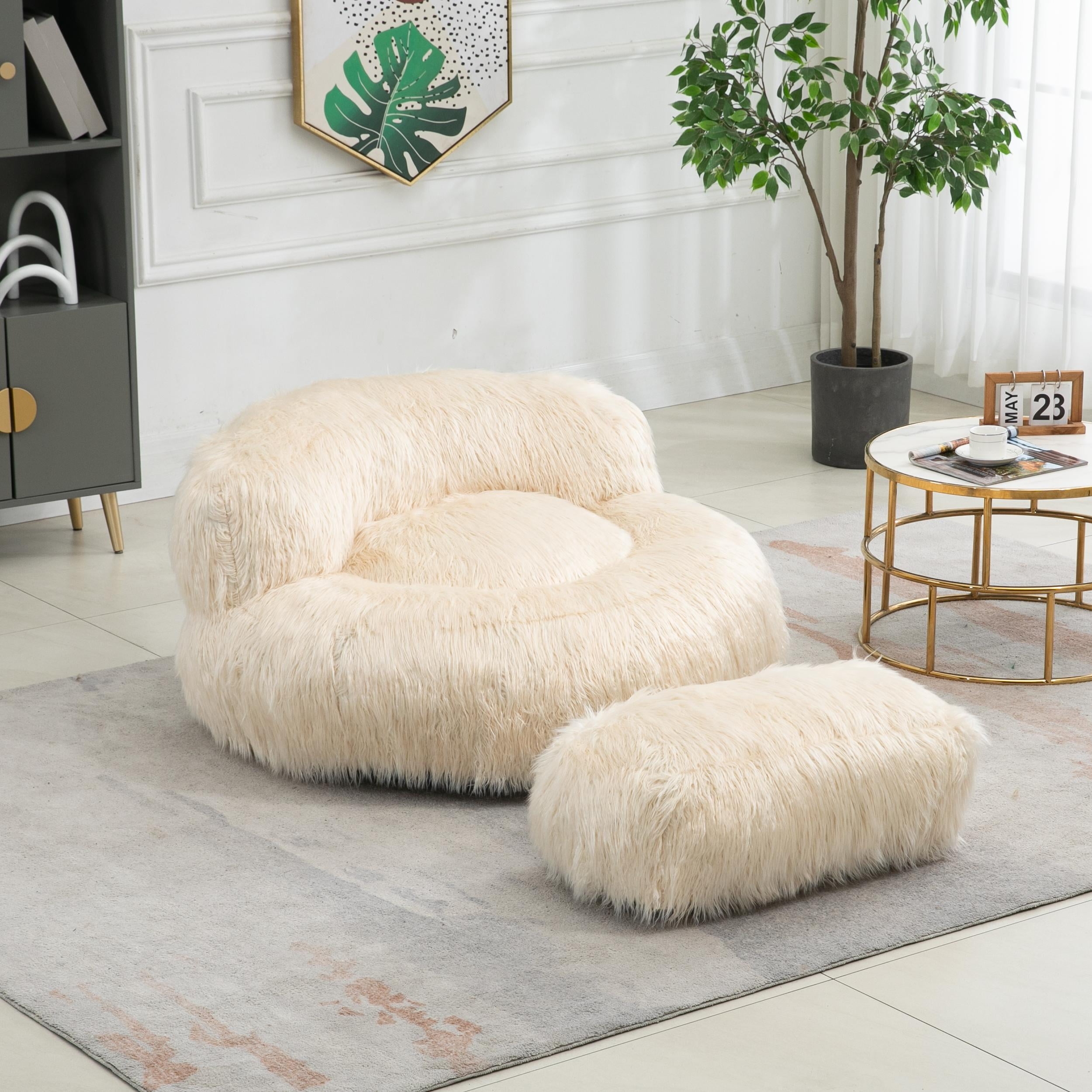 Bean Bag Chair Fluffy Beige Shaggy Faux Fur Matching Footstool