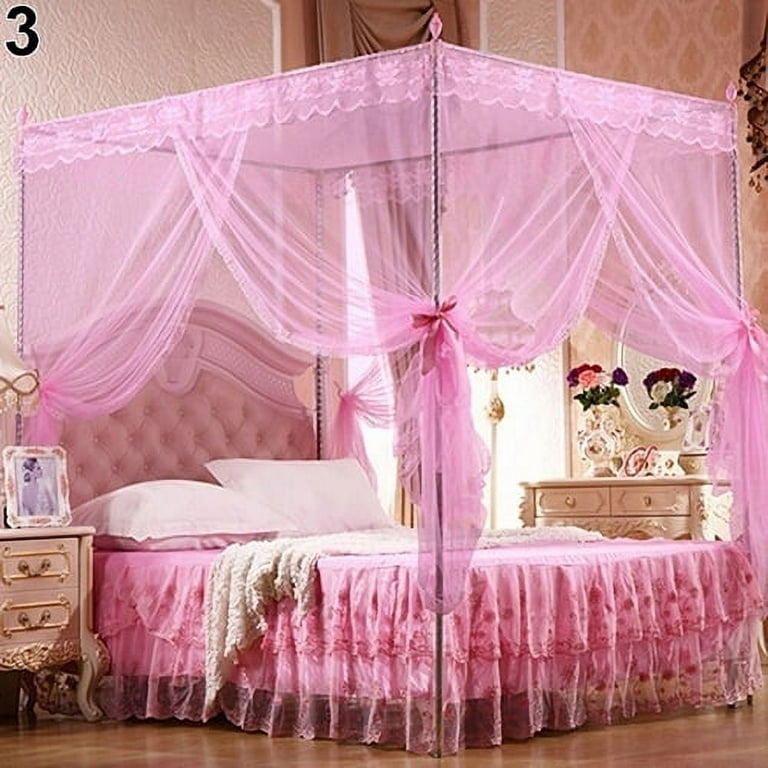 Bed Canopy Ruffled Lace Trim Pink Princess Drapes