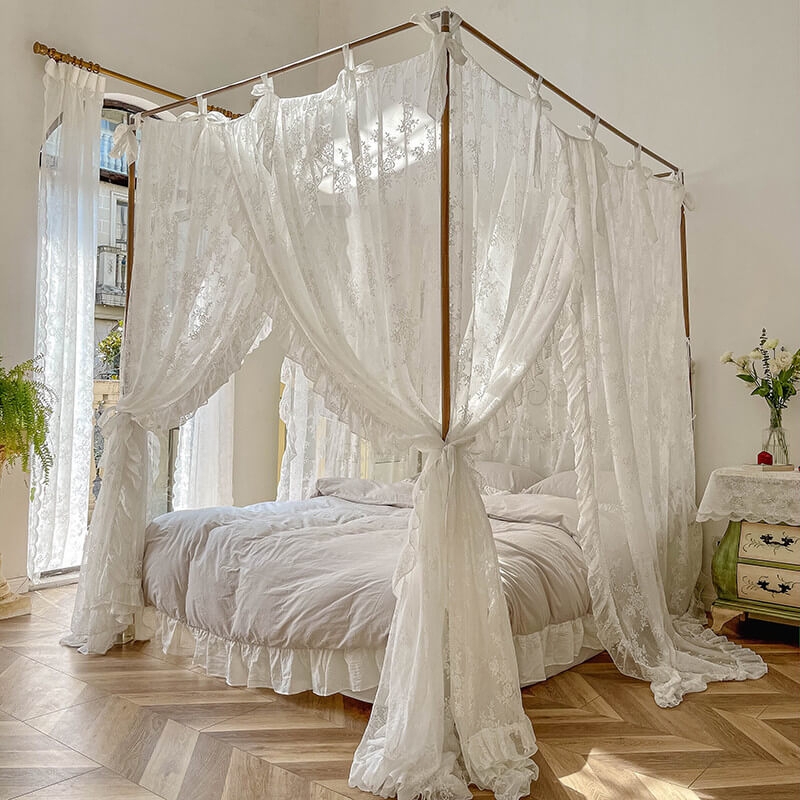 Bed Canopy with Floral Lace Texture and Shabby Chic Drapes