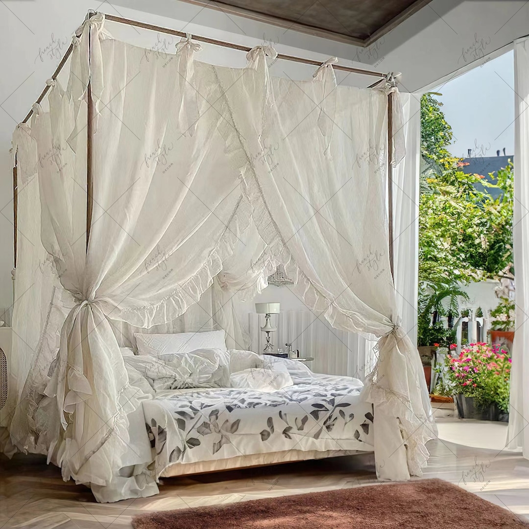Bed Canopy with Ruffled Linen Texture and Ethereal Styling