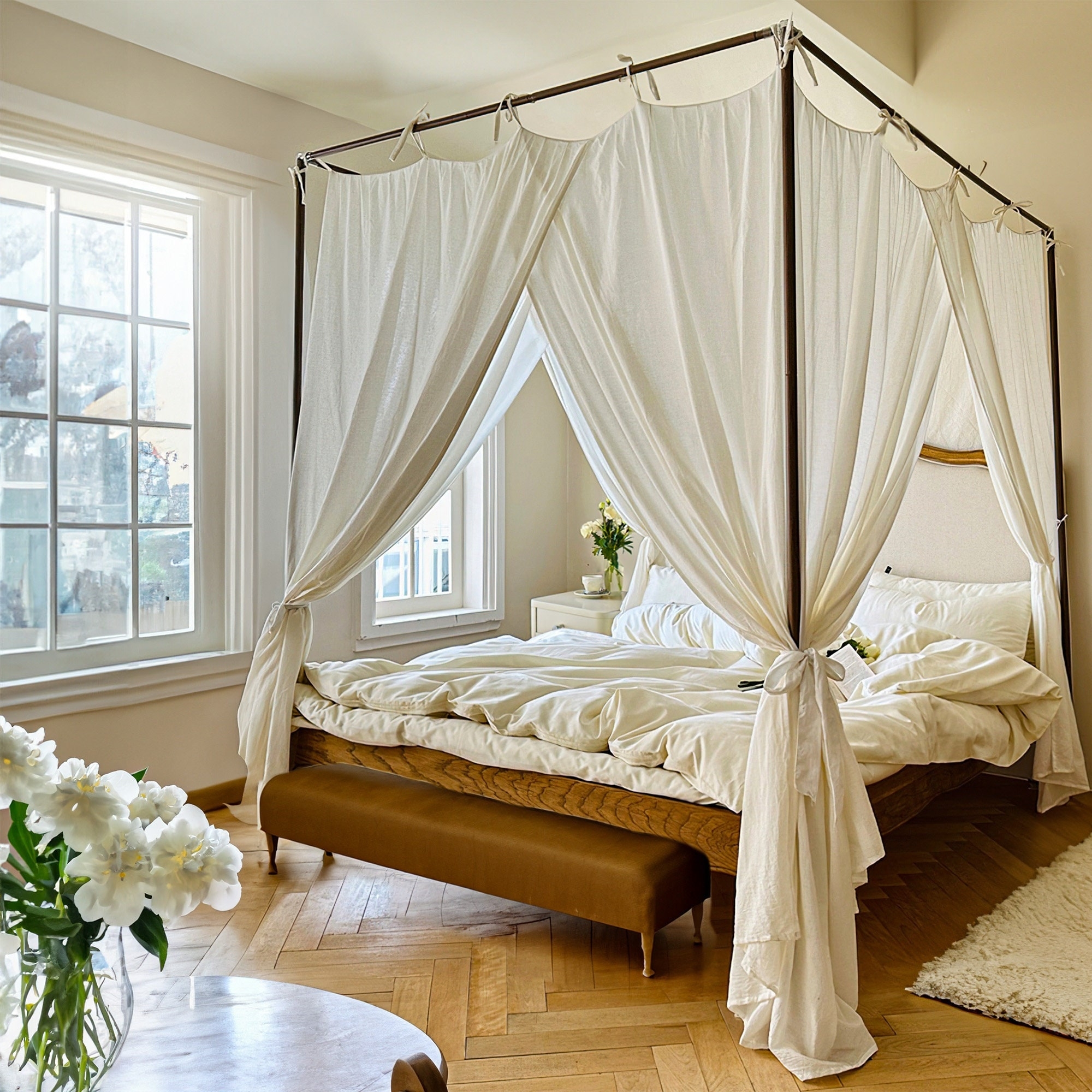 Bed Canopy with Tie Top Curtains for Off-White Cotton Style