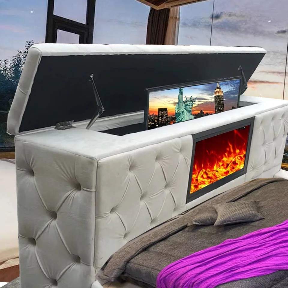 Bed Footboard Electric Fireplace Hidden TV Lift Cabinet