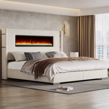 Bed Frame: Electric Fireplace and Oversized Channel Tufted Headboard