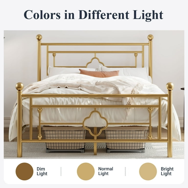Bed Frame Gold Ornate King with Quatrefoil Detail Finials