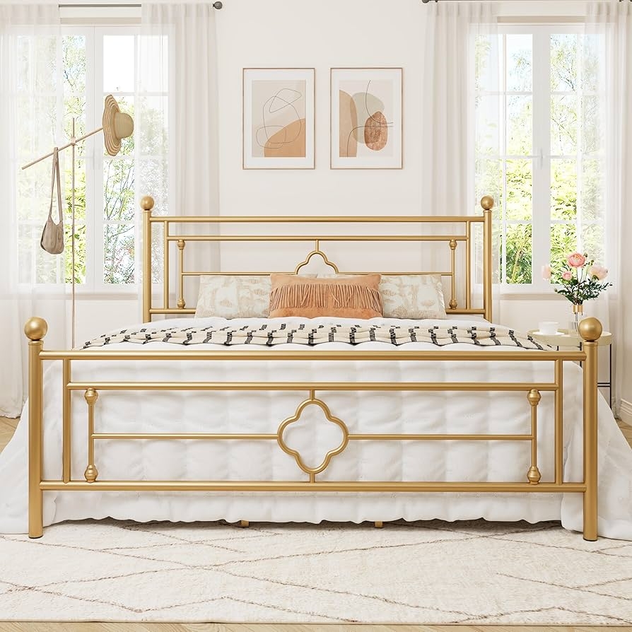 Bed Frame Gold Victorian Platform with Quatrefoil Motif