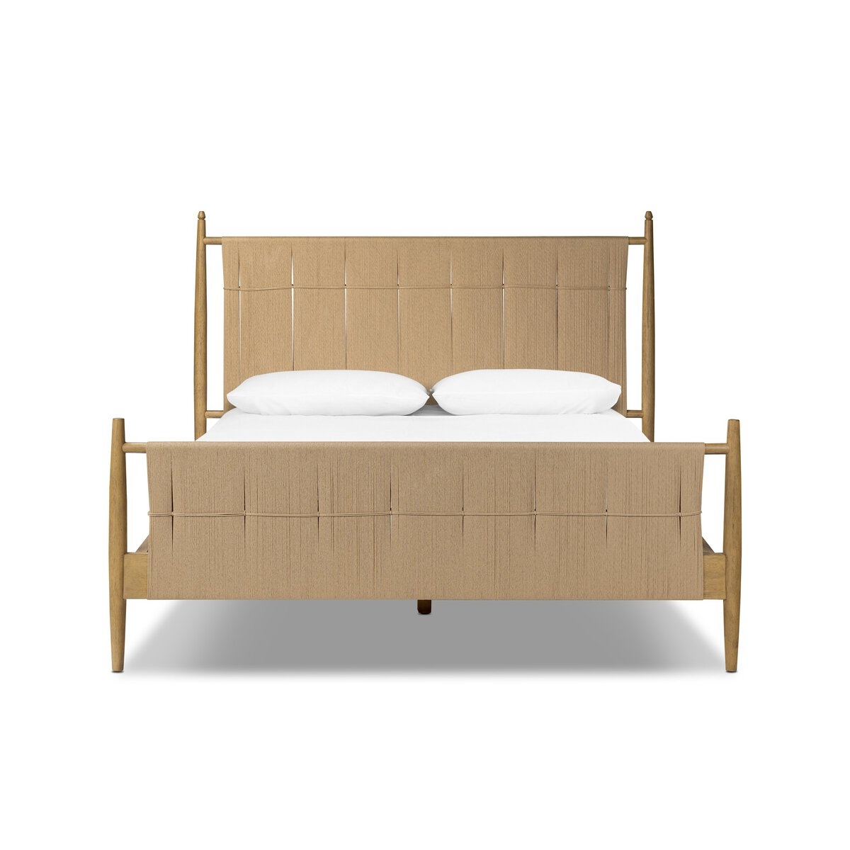 Bed Frame in Light Oak with Woven Cord Panels and Tapered Legs