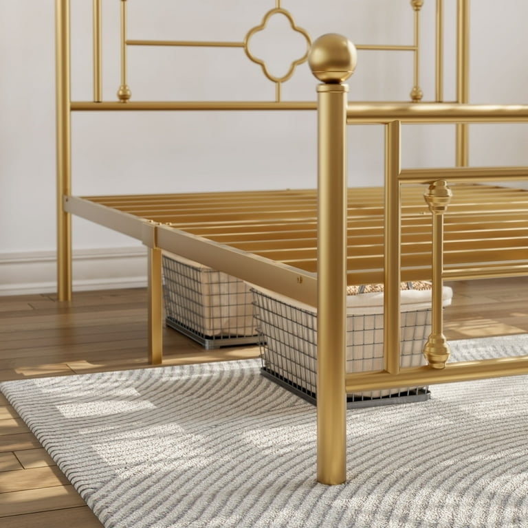 Bed Frame Satin Metallic Victorian Slatted Base Finials