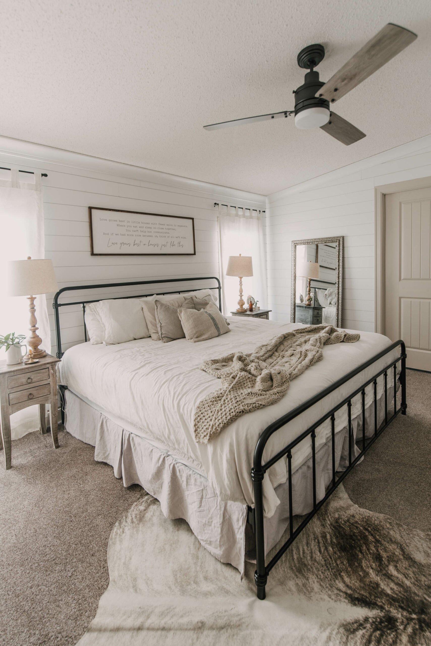 Bed Frame with Black Metal and Farmhouse Shiplap Bedroom