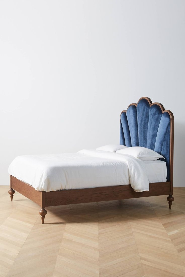Bed Frame with Navy Velvet and Turned Wood Bed Legs