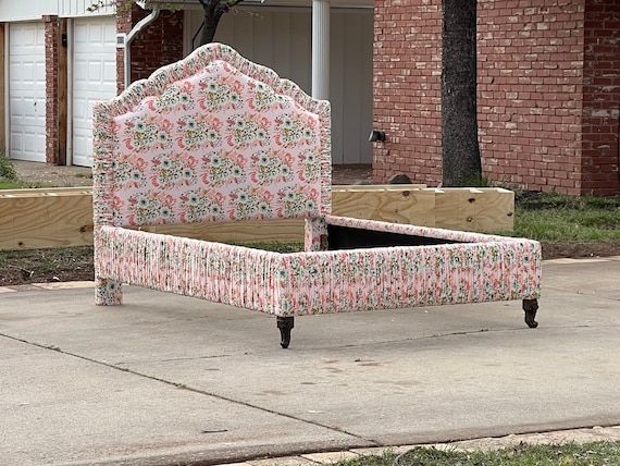 Bed Frame with Shirred Upholstery and Pink Floral Print