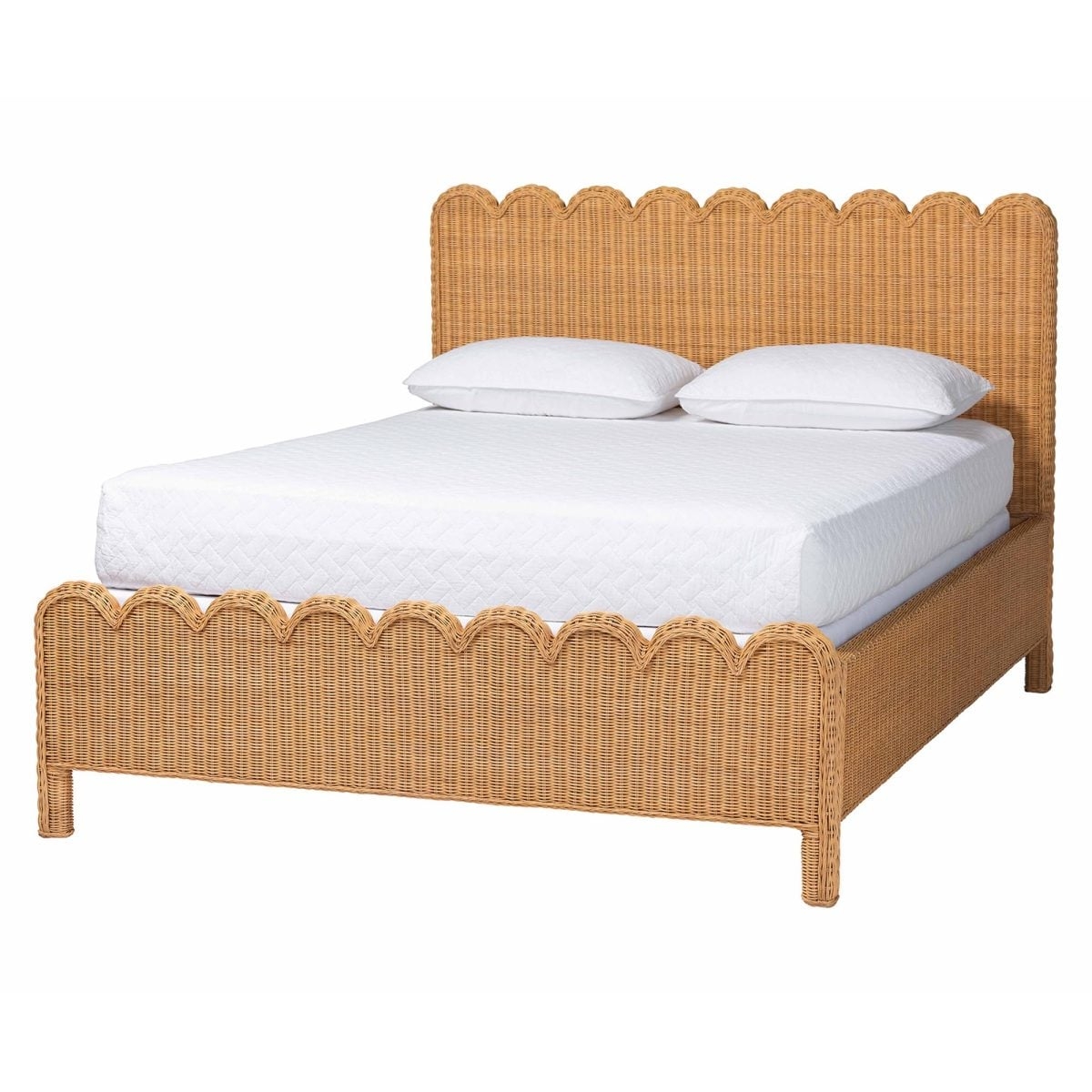 Bed Frame with Woven Rattan and Scalloped Honey Finish