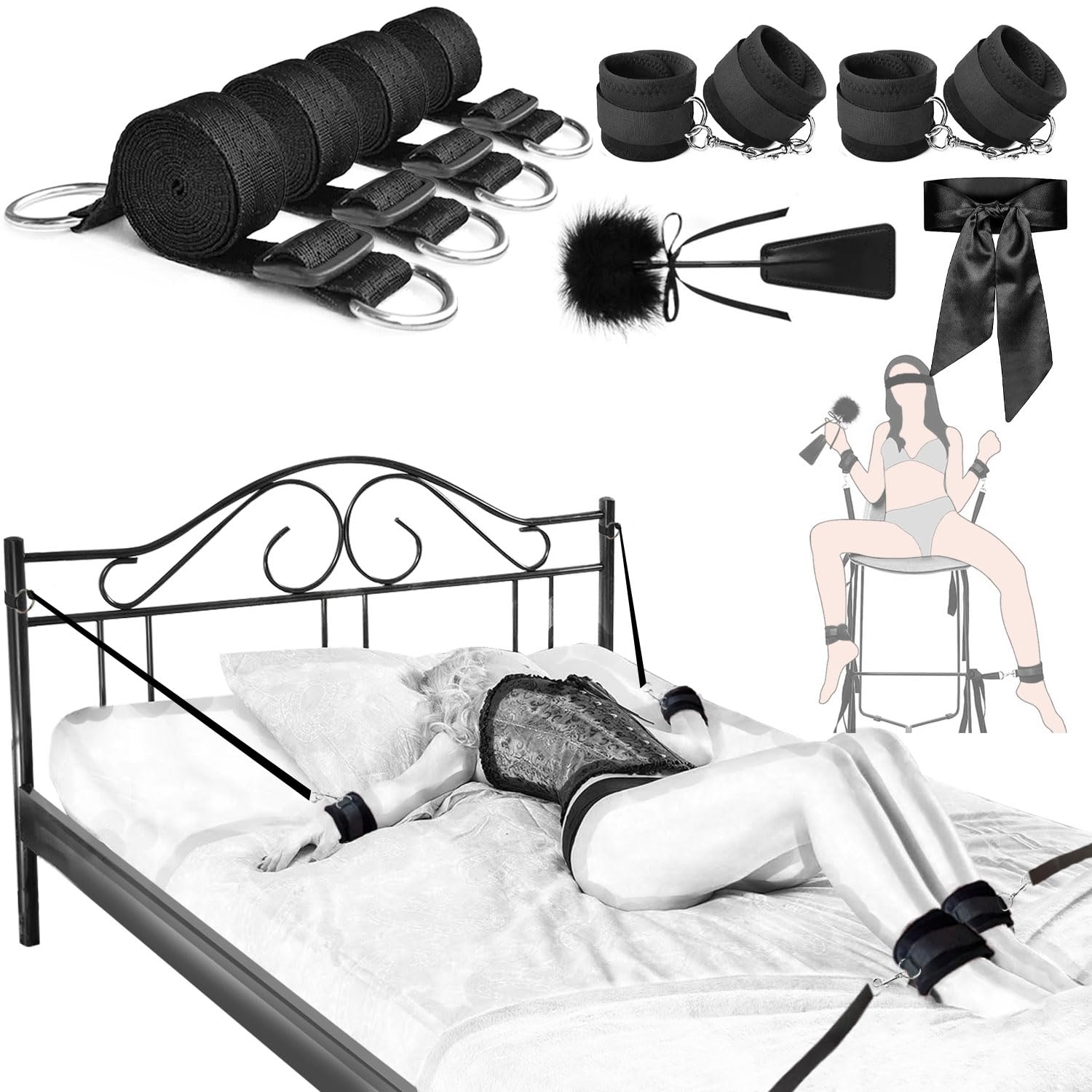Bed Restraint Kit: Black Bondage Cuff Set and Straps