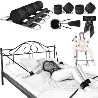 Bed Restraint Kit: Black Bondage Cuff Set and Straps