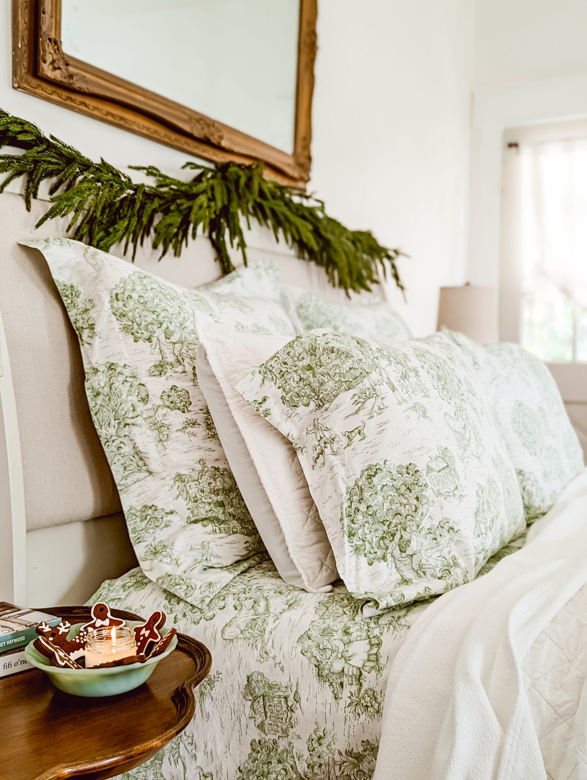 Bed Styling Green Toile Bedding Scalloped Nightstand