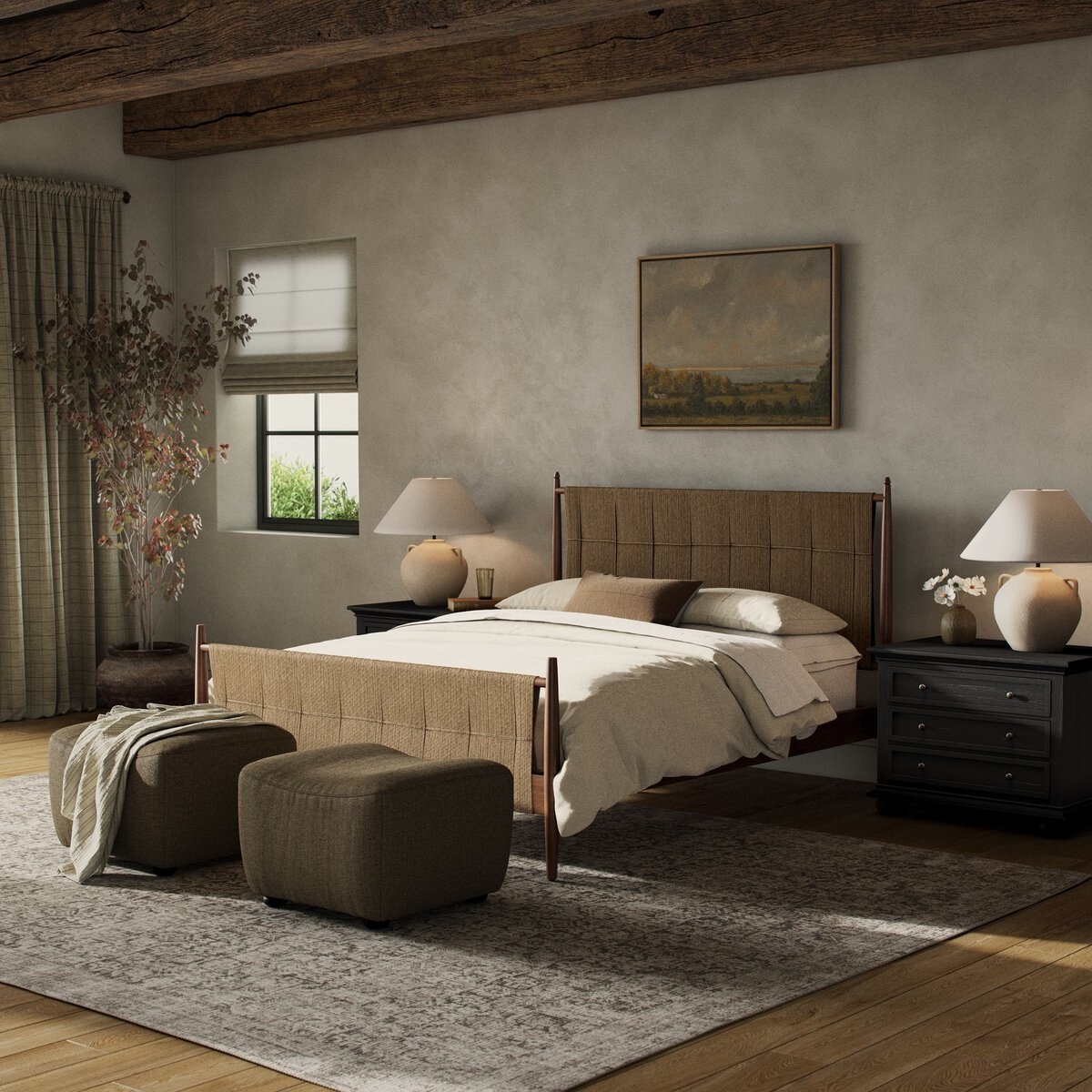 Bed: Walnut Brown Paneled Headboard with Tapered Legs