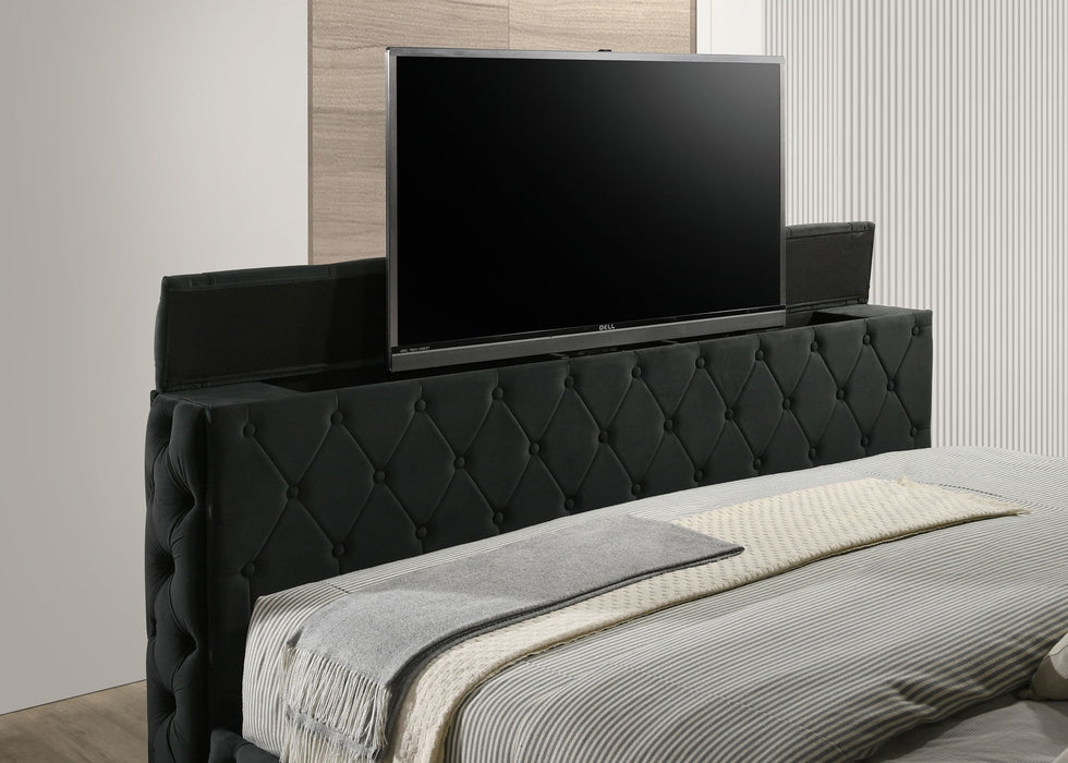Bed With TV Lift Black Velvet Diamond Tufted Design