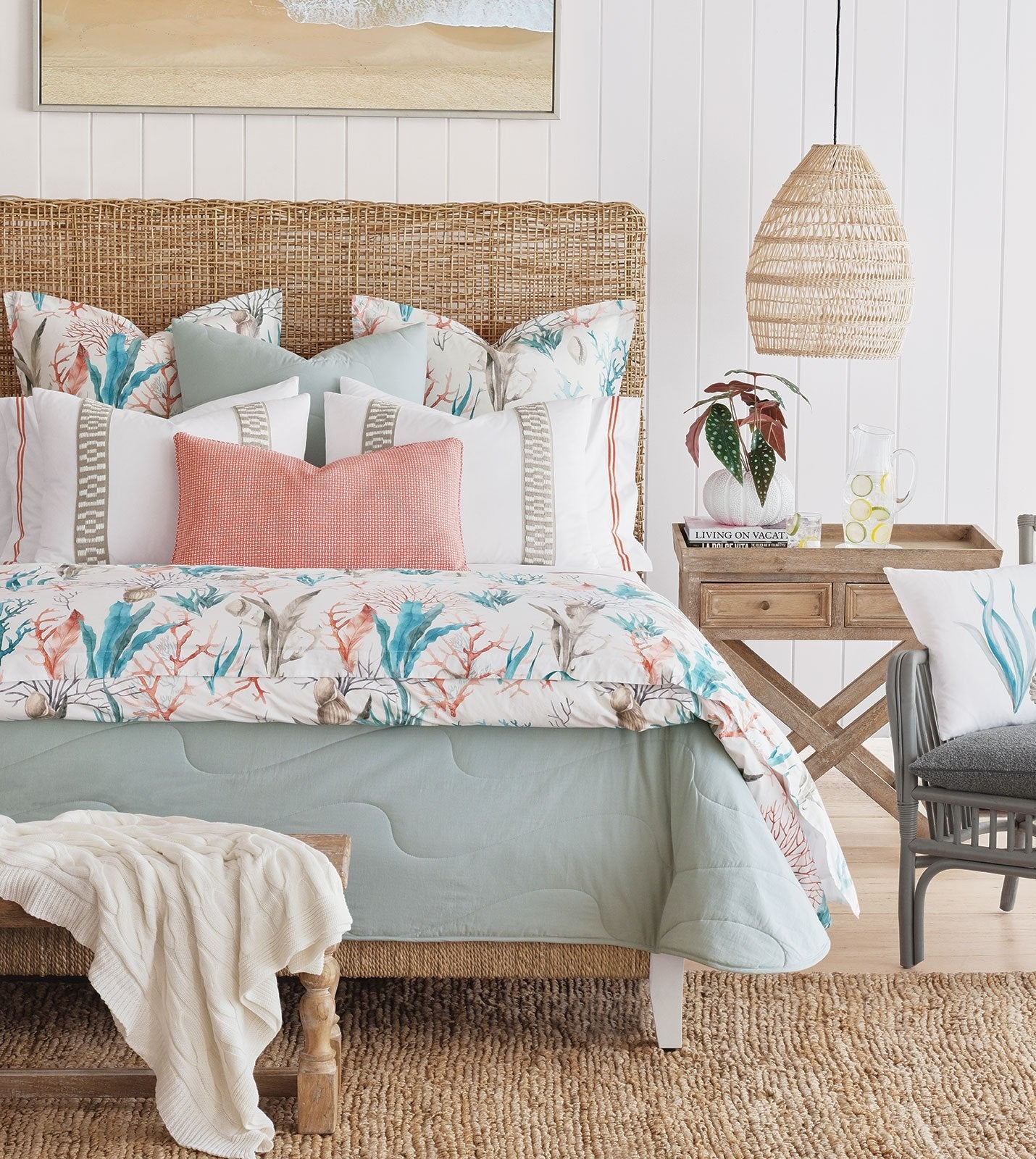 Bedding Collection with Watercolor Reef Print and Rattan Headboard