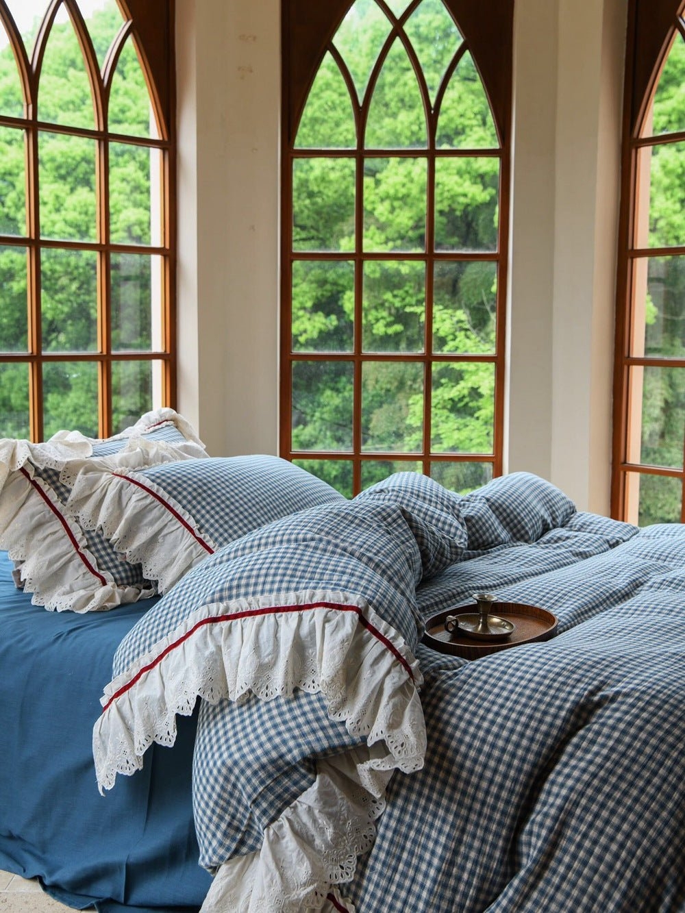 Bedding Set Blue Gingham Eyelet Lace Red Piping