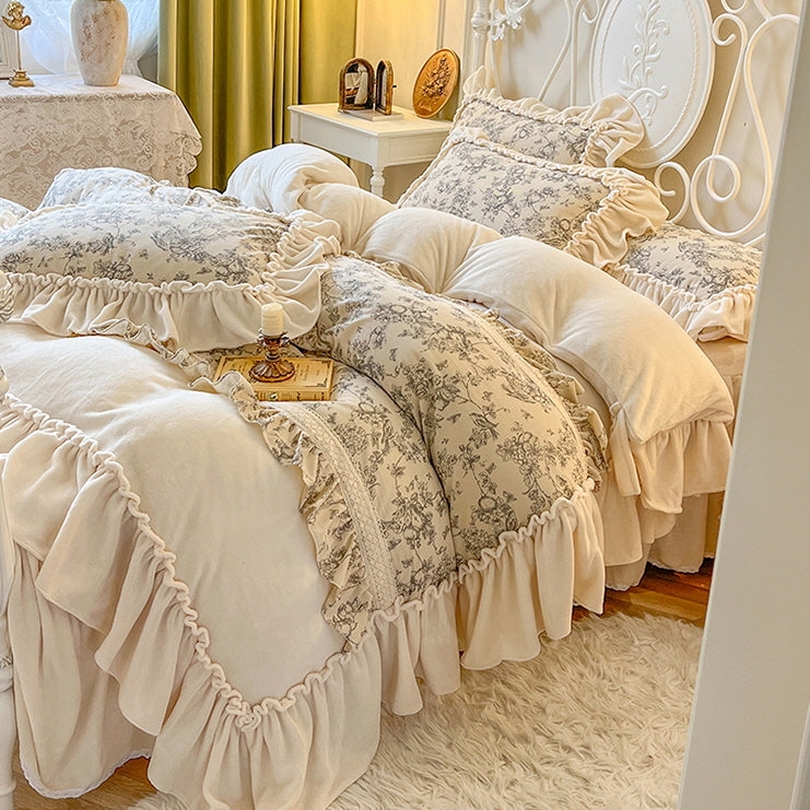 Bedding Set Cream Ivory Ruffled Toile Pastoral